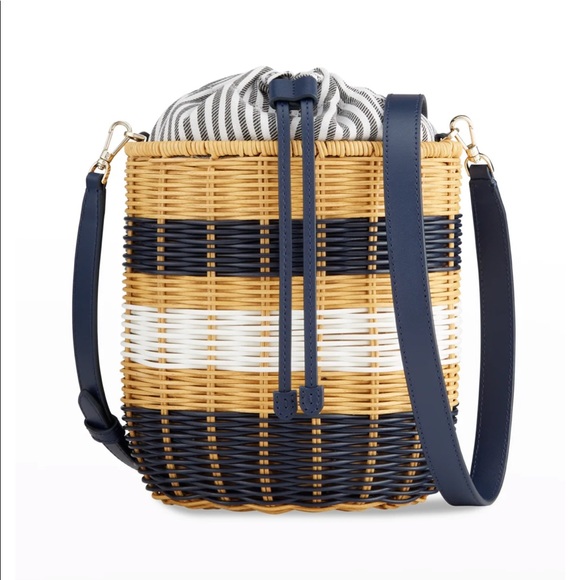 kate spade Handbags - SOLD! 🎉Kate Spade medium wicker basket bag white navy stripe brand new with tag
